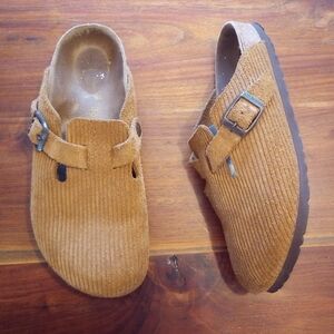 Birkenstock Corduroy Embossed Suede Tan Brown Mule Boston Clog Vtg.